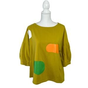 Bella Blue Oversized Vivid Mustard Colored Shapes Balloon Sleeves Top Size S/M